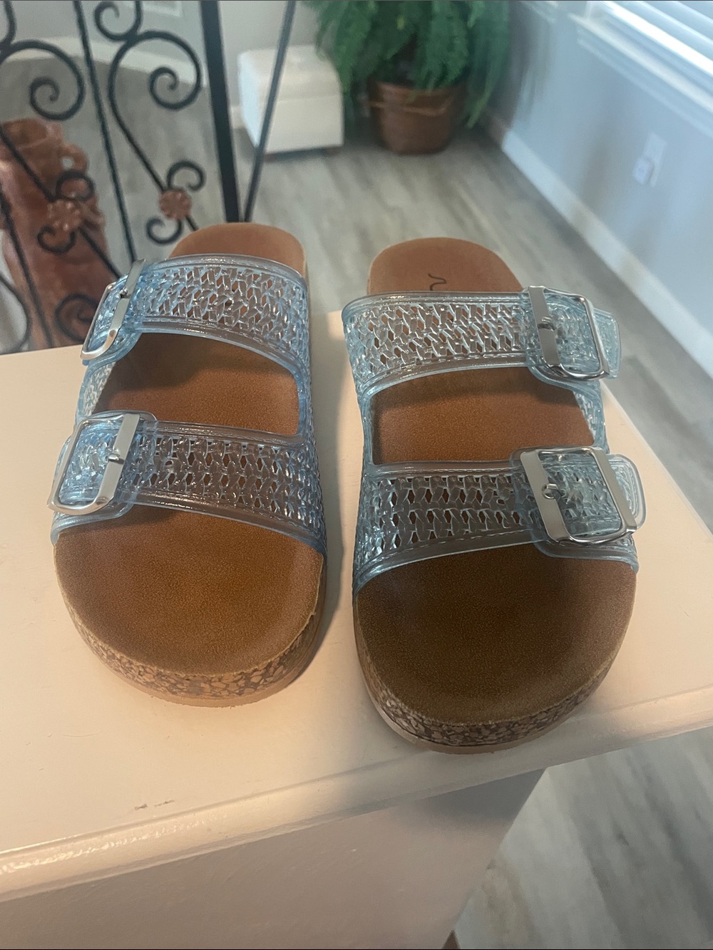 Sugar Light Blue Jelly Double-Buckle Slide Sandals with Brown Footbed